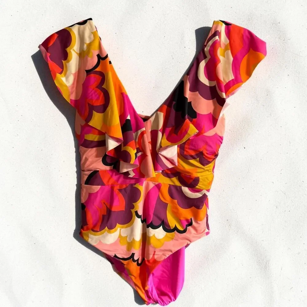 Trina Turk Fan Faire Ruffle Plunge One Piece Swimsuit NWOT Size 12
